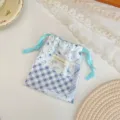 Gepunktetes kariertes Patchwork Kordelzug Etui Schmuck Kosmetik tragbare Aufbewahrung - Blau