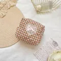 Brown gingham quilted cosmetic bag with cute lace heart and pink bow detail storage pouch. - Brown Plaid