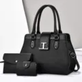 Elegante set di borse a mano in pelle nera con borsa portafoglio e porta carte dettaglio - Nero