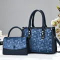 Navy blue digital print tote mother-child handbag set, stylish commuter bag with double handles. - Blue