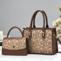 Stylish brown printed tote mother-child handbag set, large capacity elegant commuter women bag. - Earthy Yellow