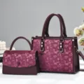 Elegant wine red tote handbag set with stylish digital pattern, perfect for daily commute. - Wine Red