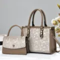 Stylish tote handbag set with chic geometric print, large capacity commuter shoulder bag. - Khaki
