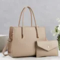 Beige leather tote bag detail with matching pouch, textured PU leather surface and gold hardware. - Khaki