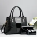 Schwarze Krokodilmuster Damen Handtasche dreiteiliges Set, grosse Kapazitaet Umhaengetasche. - Schwarz
