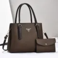 Brown soft leather tote bag set with detachable shoulder strap and matching clutch. - Coffee