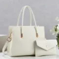 Elegant white tote bag set with matching pouch, stylish pu leather shoulder handbag for women - Off White