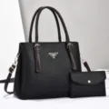 Fashion multi-compartment large capacity leather shoulder handbag and clutch bag set for women - Black