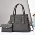 Borsa a mano trapuntata grigia con pochette coordinata, grande borsa elegante da donna. - Grigio scuro