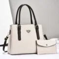 Details of trendy soft leather multi-compartment shoulder tote bag with matching purse. - Off White