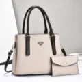 Elegant beige leather tote bag set with brown handles and matching pouch for women daily use. - Khaki