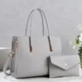 Minimalist grey PU leather tote bag with matching clutch, large capacity casual daily carry. - Gray