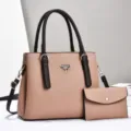 Fashionable soft leather women shoulder handbag large capacity tote bag set with clutch - Pink