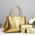 Damen Gold Kroko Muster Handtasche 3 Stueck Set Grosse Kapazitaet Umhaengetasche Neu - Gold
