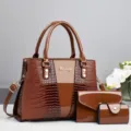 Damen Krokodilmuster Handtasche Set 3-teilig große Kapazität Umhängetasche braun - Braun