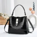 Sac seau noir effet croco avec serrure et bandoulière pour le style de travail des femmes - Noir