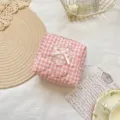 Pink gingham quilted cosmetic bag with lace heart bow detail, cute makeup pouch for daily storage. - Flesh Pink Plaid
