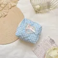 close up detail of blue white plaid quilted makeup pouch with cute lace heart bow. - Light Blue Plaid