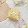 Yellow checkered quilted cosmetic bag with cute lace heart and pink bow for daily use. - Yellow Plaid