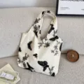 Black lace butterfly embroidery canvas tote bag, large capacity casual shoulder bag. - Apricot (44292) / Apricot