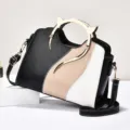 Fashion colorblock shoulder handbag with metal cat ear handle, chic daily commuter tote bag. - Black
