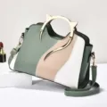 Chic patchwork color-block shell handbag with metal handle for women daily commuting. - Green