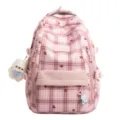 Sac à dos scolaire à carreaux roses grande capacité cartable mignon avec pendentif en peluche. - Rose