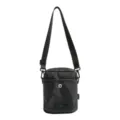 Detailed view of the black grid shoulder crossbody bag showing adjustable strap and front pocket. - Black Grid