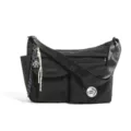Black nylon messenger bag detailed view featuring durable fabric, multiple pockets and charm. - Black