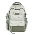 Detailed view of the stylish college-style embroidered floral backpack in white and green. - Without Pendant / Green