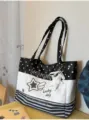 INS style black white polka dot canvas tote bag cute college student commuter shoulder bag - With Charm / Black