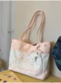 Pink canvas tote bag with cute star embroidery, polka dot patterns, and comfortable shoulder straps. - With Charm / Pink