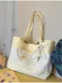 Canvas Tote Bag Casual Cute School Style Yellow Polka Dot Shoulder Bag with Star - With Charm / Yellow