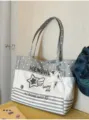 Canvas tote bag for women, cute star pendant, casual shoulder commuter bag, grey polka dot. - With Charm / Gray