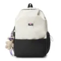 Classic color block school backpack with cute bear pendant, large capacity for students. - Black