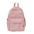 Detailansicht des niedlichen rosa Rucksacks mit Sternenmuster, Reißverschlusstasche und Etikett. - Rosa