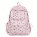 Pink nylon school backpack with cute star and dot print, large capacity casual daypack for girls. - L / Pink