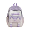 Close-up detail view of the cute contrast color backpack with letter print and cat ears. - Purple