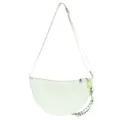 White crescent crossbody bag detail, featuring adjustable strap and neon green zipper pull. - With Pendant / White