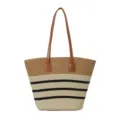 Woven straw tote bag featuring contrast color stripes and comfortable brown shoulder handles. - Brown Beige Contrast (Style 7)