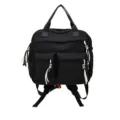 Vue detaillee de mini sac a dos en nylon noir avec poches avant et cordons blancs - Noir