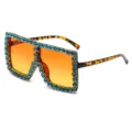 Oversized square rhinestone sunglasses with gradient lenses and leopard print temples. - Leopard Frame Blue Rhinestone C3