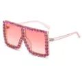 Oversized rhinestone square sunglasses with gradient pink lenses and trendy pink frames. - Pink Frame Pink Rhinestone C5