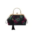 Close-up detail of the Chinese style embroidered evening bag featuring floral patterns and gold clasp. - Embroidered Clasp Bag (zcws261826) / Black