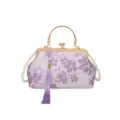 Chinese style floral embroidered evening bag detail with pearl strap and purple tassel. - Embroidered Clasp Bag (zcws261826) / Purple