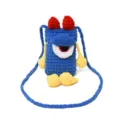Handmade knit monster phone bag detail, cute big eye cross body bag with strap. - Blue