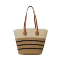 Detail view of the stylish straw beach tote bag featuring color-block design and comfortable straps. - Beige Brown Black Stripes (Style 8)