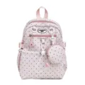 Vue de detail du sac a dos rose a pois avec une petite poche ronde et des cordons blancs. - Rose