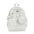 Vue détaillée du joli sac à dos à pois avec pochette avant et cordon, style adorable. - Blanc