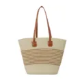 Fashion woven straw beach tote bag for women, large capacity contrast stripe shoulder bag. - Brown Contrast Stripes (Style 2)